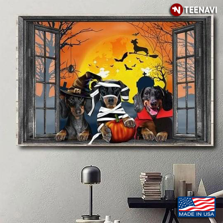 Vintage Halloween Theme Window Frame With Dachshund Dogs