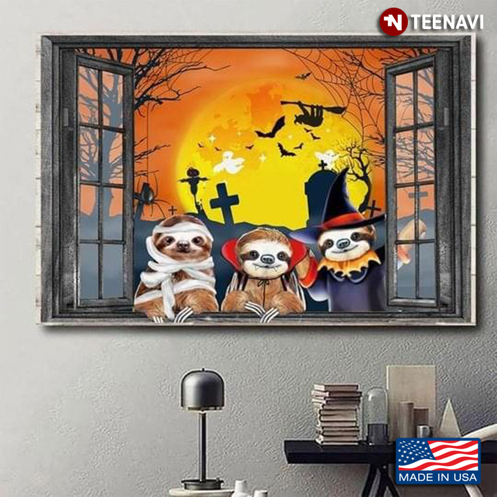 Vintage Halloween Theme Window Frame With Sloths