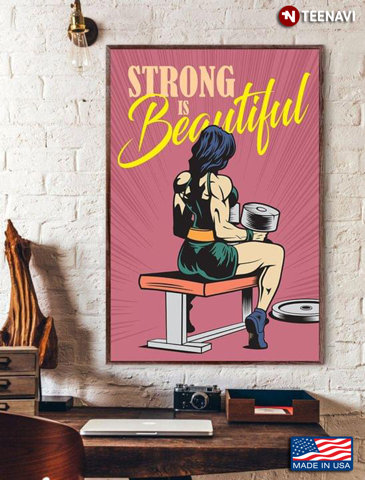 Pink Theme Fitness Girl Lifting Dumbbells Strong Is Beautiful