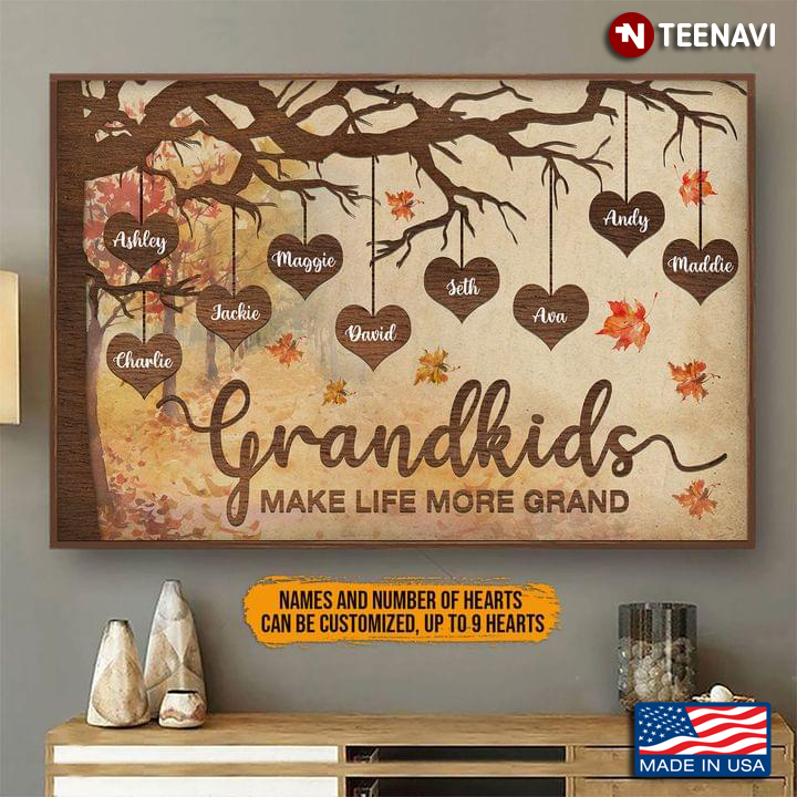 Personalized Name & Number Of Hearts Autumn Leaves Falling Hearts Hanging On Tree Branch Grandparents & Grandkids Grandkids Make Life More Grand