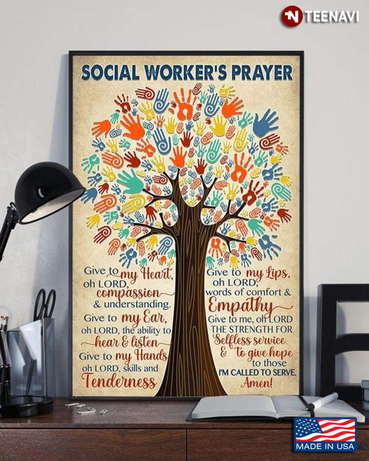 Vintage Human Handprint Tree Social Worker's Prayer Give To My Heart Oh Lord Compassion & Understanding