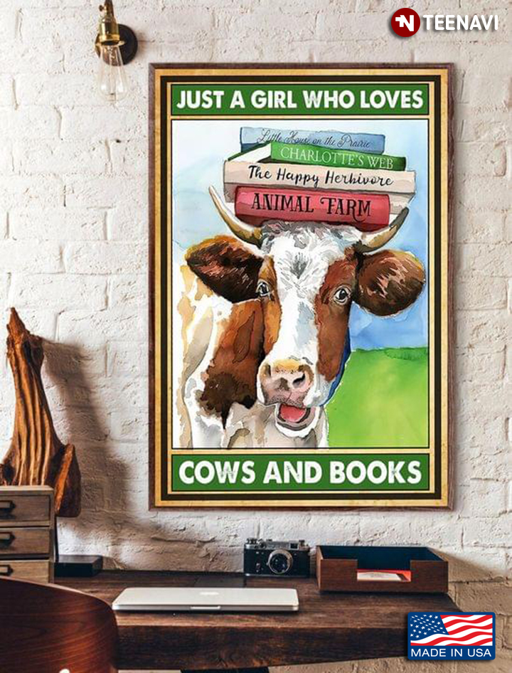 Vintage Brown & White Cow With A Pile Of Books On Head Just A Girl Who Loves Cows And Books