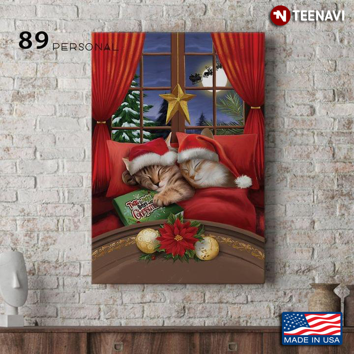 Vintage Two Cats With Santa Hats & Christmas Book Sleeping On Bed