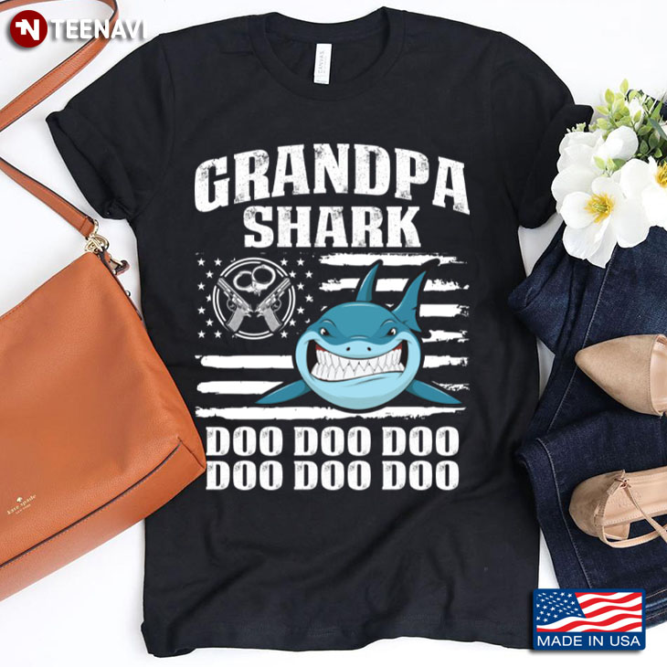USA Flag with Guns and Handcuffs Grandpa Shark Doo Doo Doo Gift for Grandfather