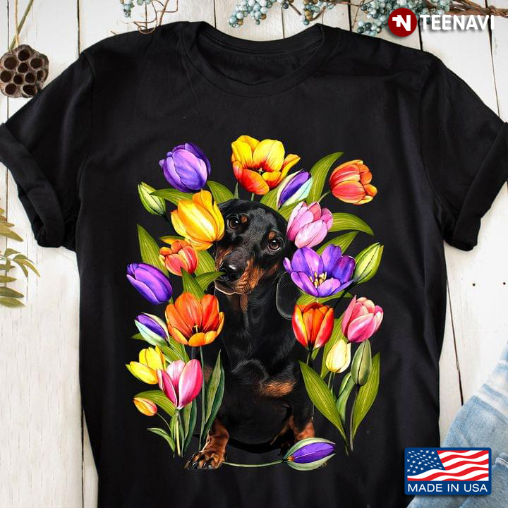 Lovely Dachshund on Tulip Flower Garden for Dog Lover