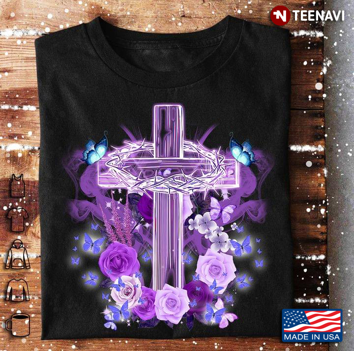 Purple Cross with Thorn Crown and Roses Gift for Christian