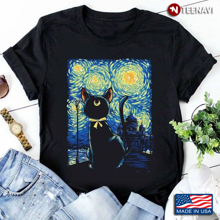 The Starry Night and Black Cat Painting for Cat Lover