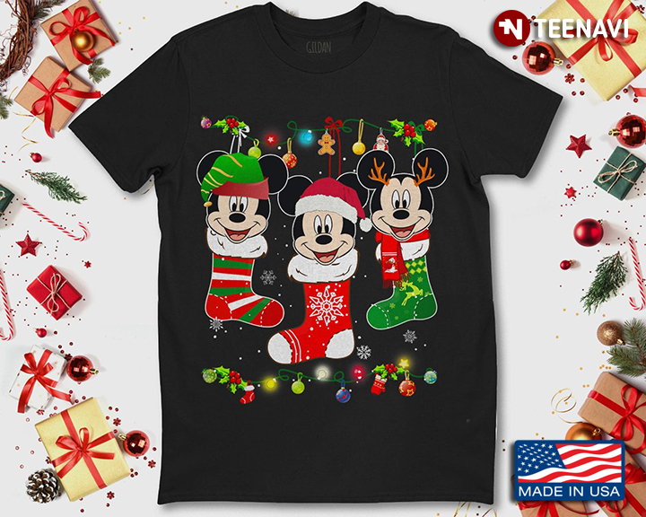 Three Mickey Mouses With Christmas Shocks Merry Christmas