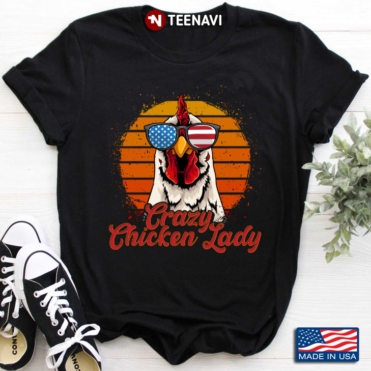 Vintage Crazy Chicken Lady Wearing American Flag Glasses