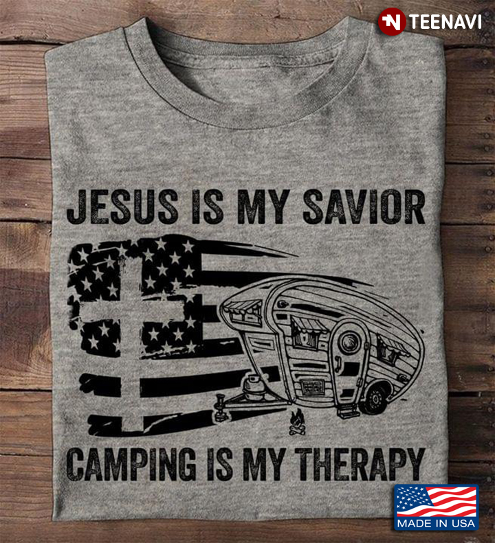 Jesus Is My Savior Camping Is My Therapy American Flag With Cross