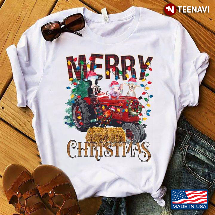 Merry Christmas Farm Animals With Santa Hats On Tractor Gifts for Farmer
