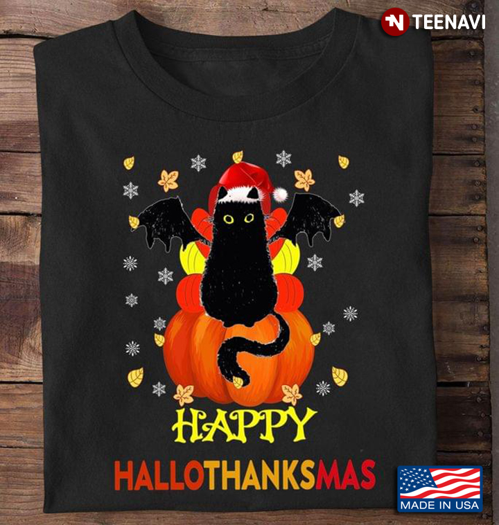 Happy HalloThanksMas Black Cat Halloween Thanksgiving Christmas
