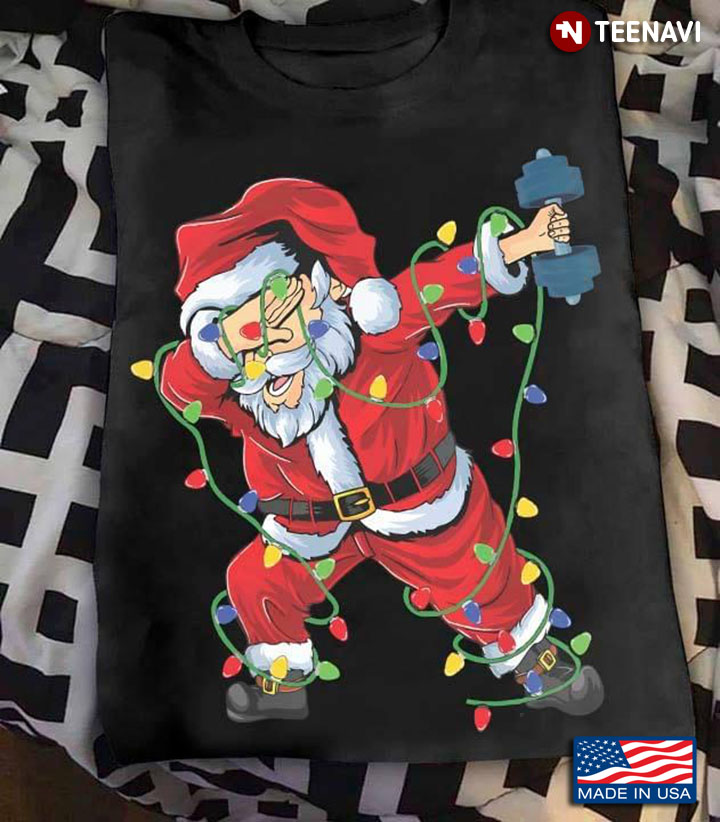Dabbing Santa Claus With Fairy Lights Lifting Weights for Christmas