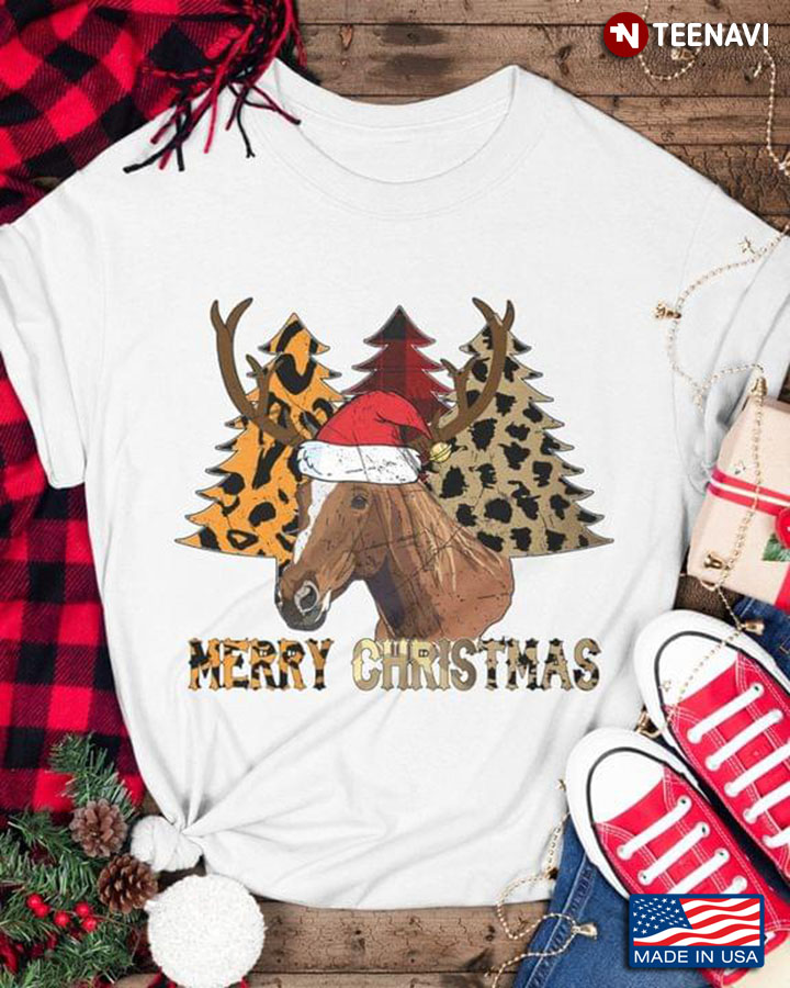 Merry Christmas Horse With Santa Hat And Xmas Trees Leopard