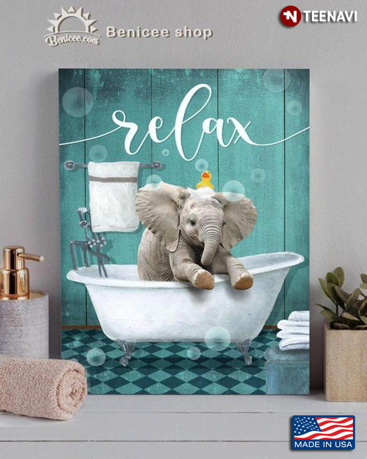 Vintage Baby Elephant In The Bathtub With Rubber Duck Toy On His Head Relax