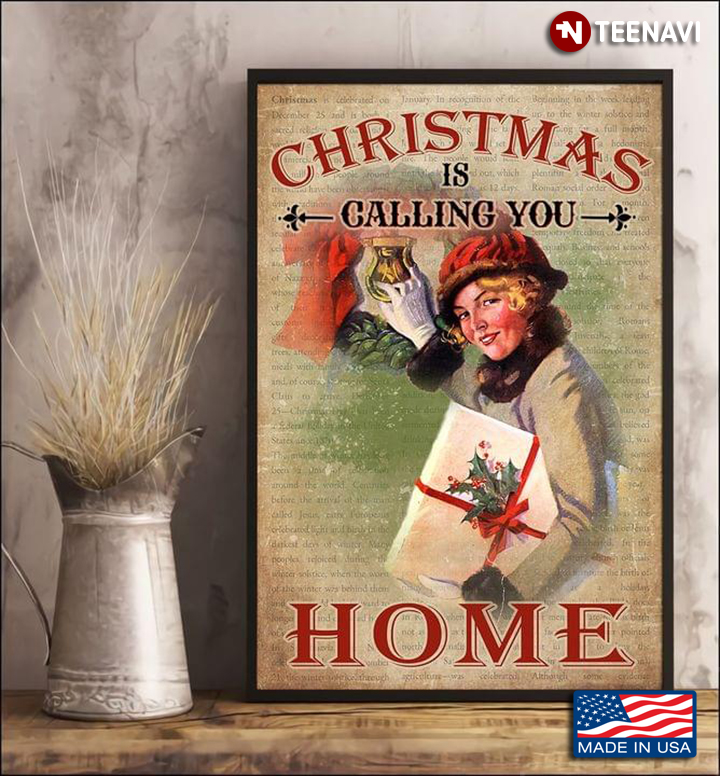 Vintage Dictionary Theme Girl With Christmas Gift Christmas Is Calling You Home