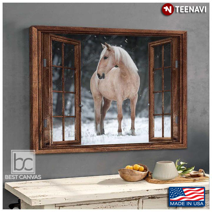 Window Frame With Horse In The Snow Forest