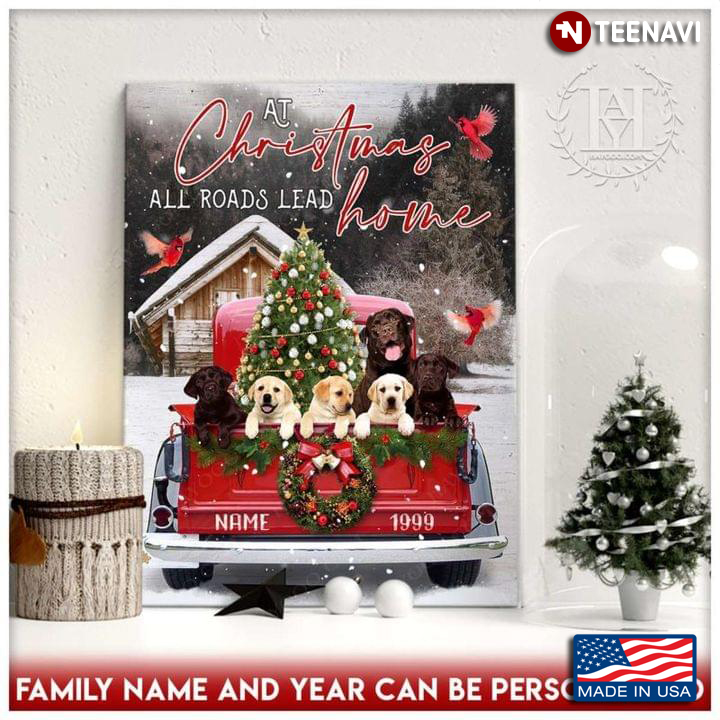 Personalized Red Truck Carrying Dogs & Tree At Christmas All Roads Lead Home