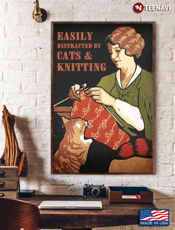 Woman & Cat Easily Distracted By Cats And Knitting