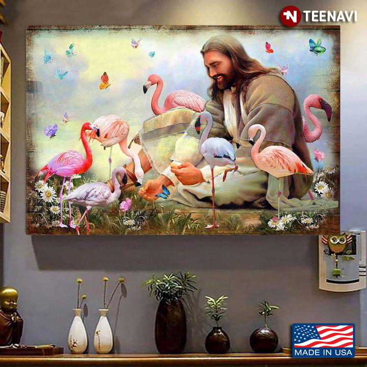 Smiling Jesus Christ Feeding Flamingos And Butterflies Flying Around