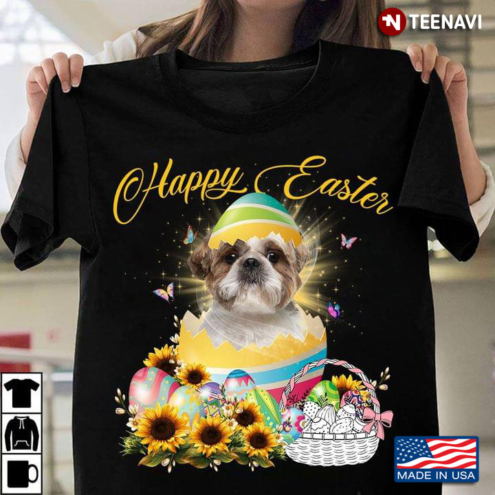 Happy Easter Shih Tzu With Easter Eggs And Sunflowers