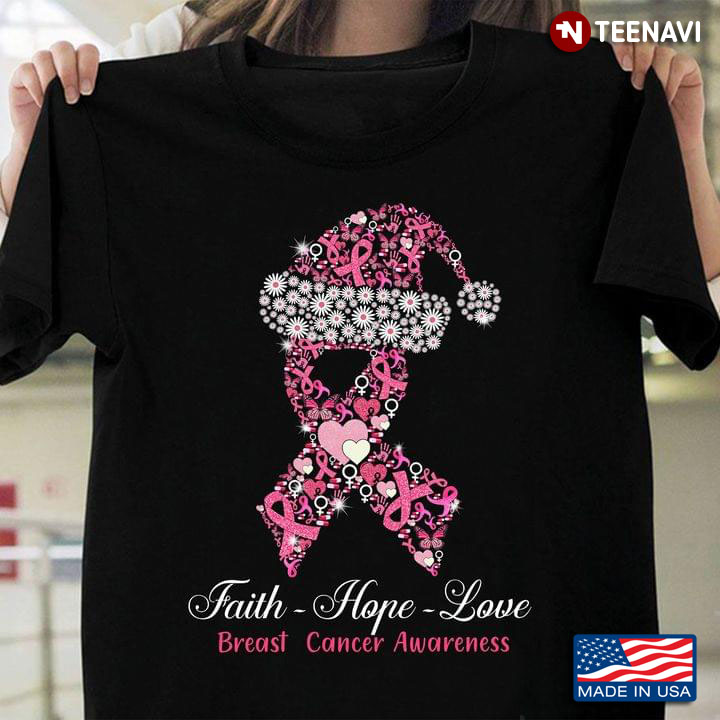 Faith Hope Love Breast Cancer Awareness Pink Ribbon With Santa Hat