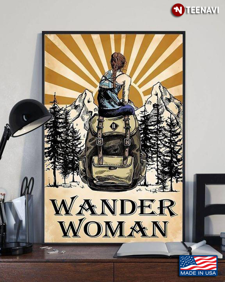 Vintage Female Mountain Hiker Sitting On Backpack Wander Woman