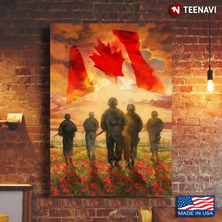 The National Flag Of Canada Soldiers Sitting On Red Corn Poppy Flower Field