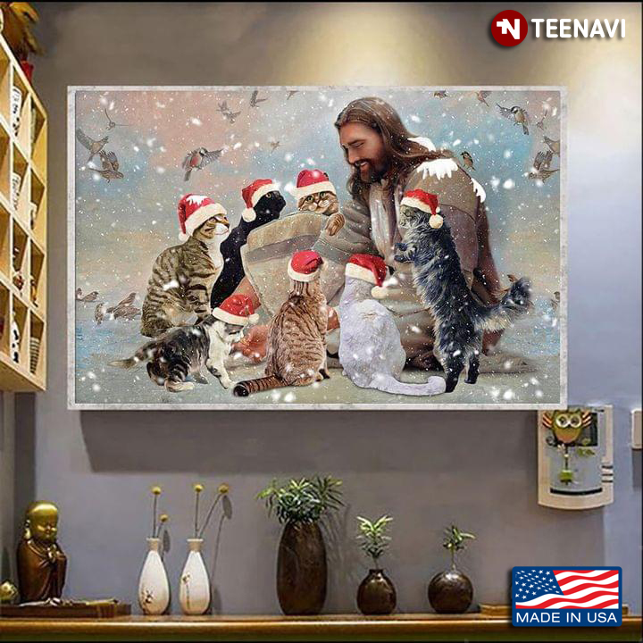 Jesus Christ Playing With Cats Wearing Santa Hats And Birds Flying Around In Snow