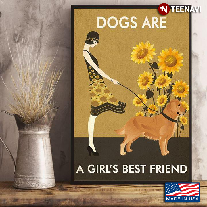 Vintage Girl With Dog And Sunflowers Around Dogs Are A Girl's Best Friend