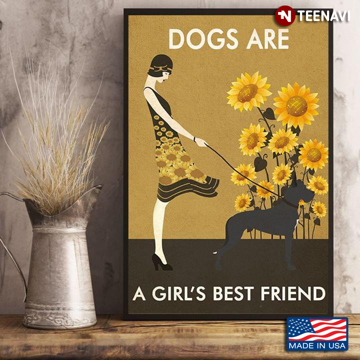 Vintage Girl With Doberman & Sunflowers Dogs Are A Girl's Best Friend
