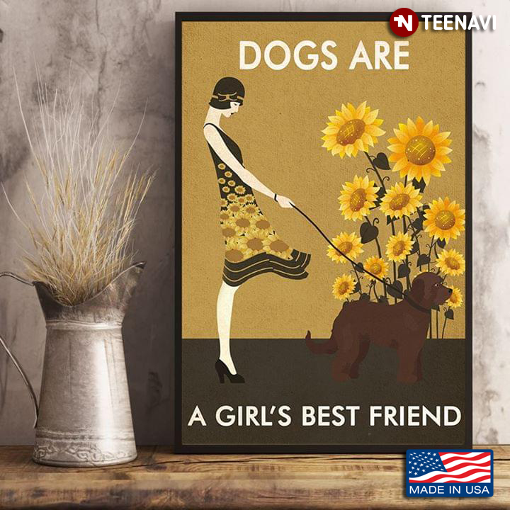 Vintage Girl With Goldendoodle & Sunflowers Dogs Are A Girl’s Best Friend
