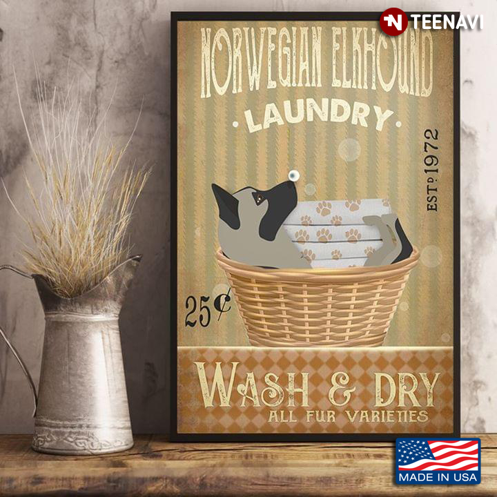Vintage Norwegian Elkhound Laundry Est. 1972 Wash & Dry All Fur Varieties