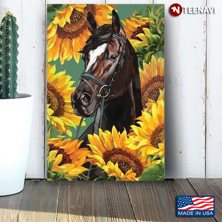 Brown & White Horse With Sunflowers Around Painting