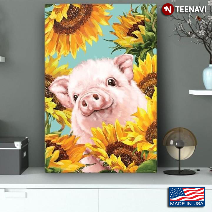Adorable Pig With Sunflowers Around