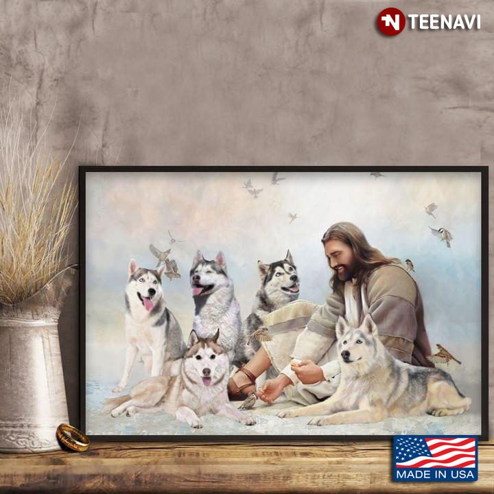 Jesus Christ Playing With Siberian Husky Dogs And Hummingbirds Flying Around