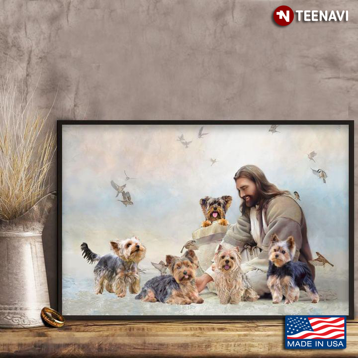 Jesus Christ Playing With Yorkshire Terrier Dogs And Hummingbirds Flying Around