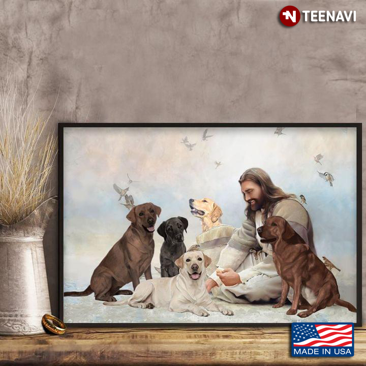 Jesus Christ Playing With Labrador Retriever Dogs And Hummingbirds Flying Around