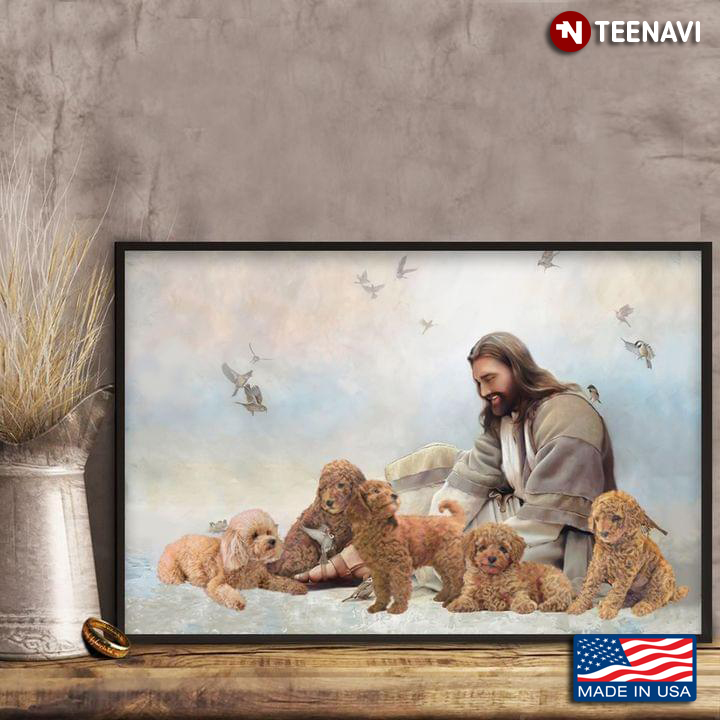 Jesus Christ Playing With Poodle Dogs And Hummingbirds Flying Around