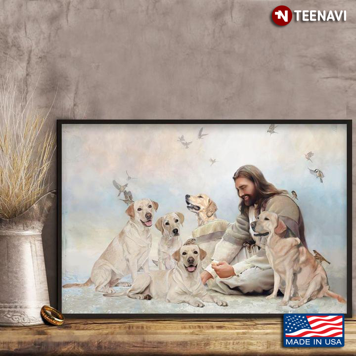 Jesus Christ Playing With White Labrador Retriever Dogs & Hummingbirds Flying Around