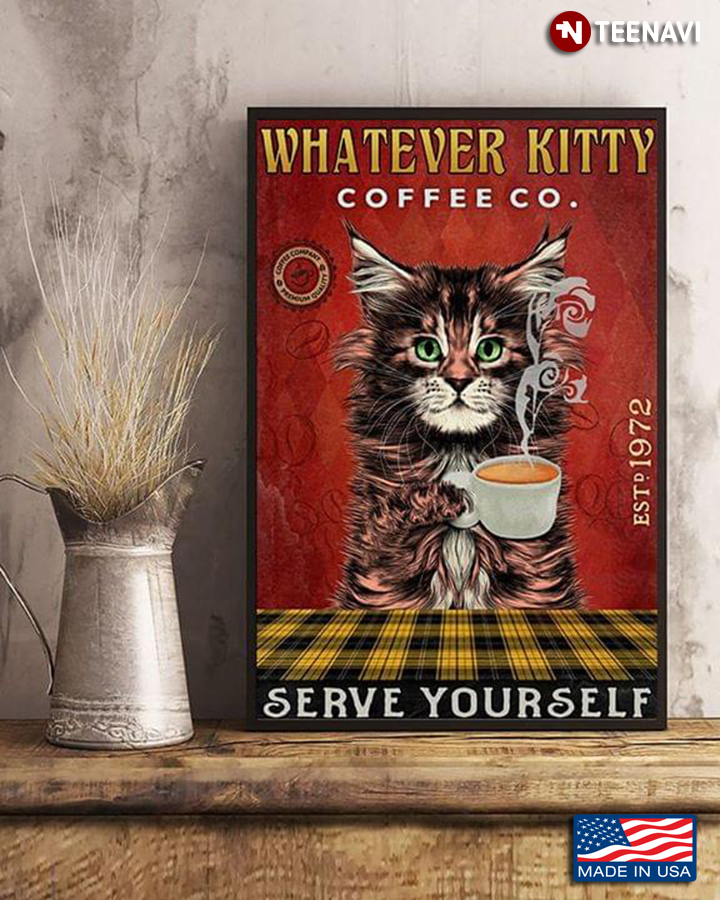 Vintage Cat With Green Eyes Whatever Kitty Coffee Co. Est.1972 Serve Yourself