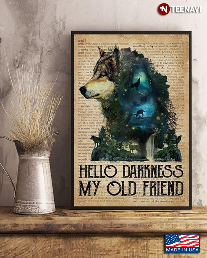 Vintage Dictionary Theme Wolf Hello Darkness My Old Friend