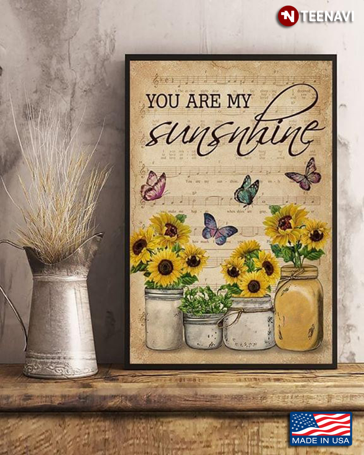 Vintage Sheet Music Theme Butterflies Flying Around Sunflowers You Are My Sunshine