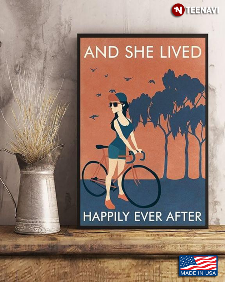 Vintage Girl With Bicycle And She Lived Happily Ever After