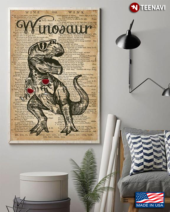 Dictionary Theme Dinosaur Holding Two Glasses Of Red Wine Winosaur
