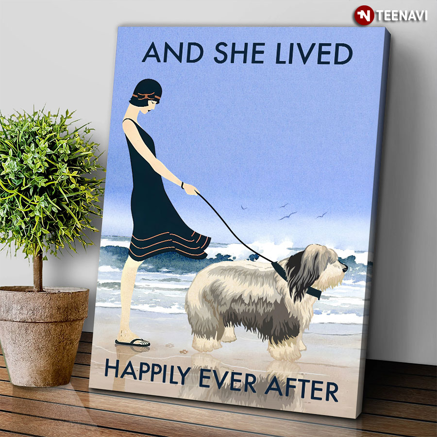 Girl Walking With Bearded Collie On Sandy Beach And She Lived Happily Ever After Poster