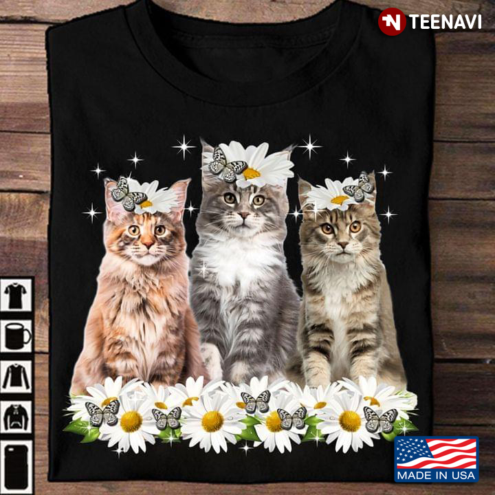 Three Cats With Butterflies And Daisy Flowers for Cat Lover