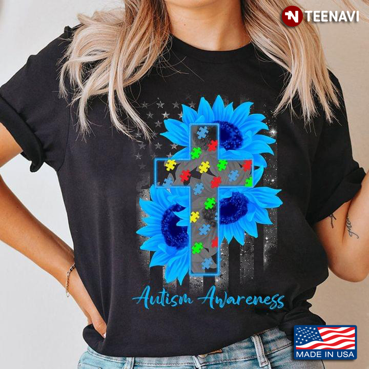 Autism Awareness Sunflower Cross American Flag