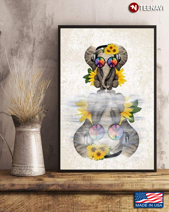 Vintage Elephants With Hippie Glasses And Sunflowers Water Reflection
