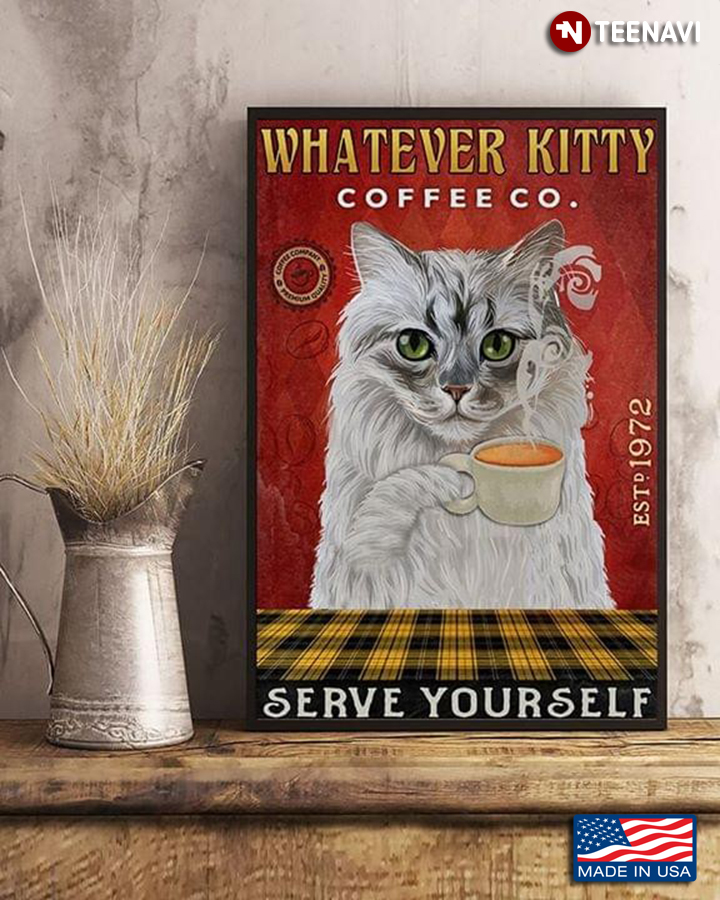 Vintage White Cat Whatever Kitty Coffee Co. Est.1972 Serve Yourself